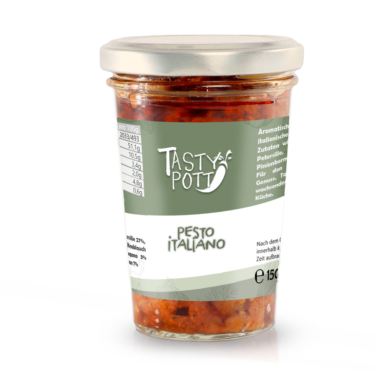 Hauptbild des Pesto Italiano von Tasty Pott im 150g Glas, ideal für Pasta und Dips.