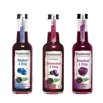 Fruchtwerker Essig Set mit Blaubeere, Johannisbeere und Brombeere in Flaschen