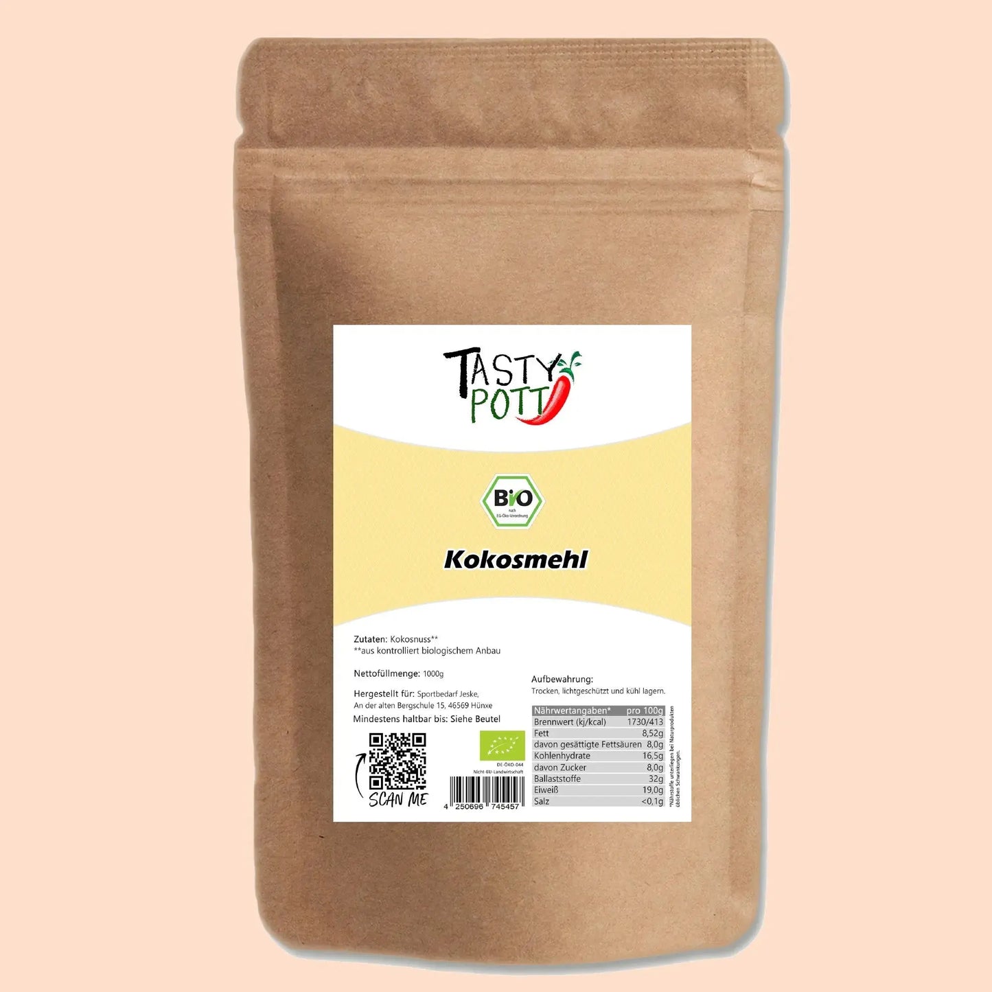 Tasty Pott Bio Kokosmehl entölt 1000g - Glutenfrei Tasty Pott