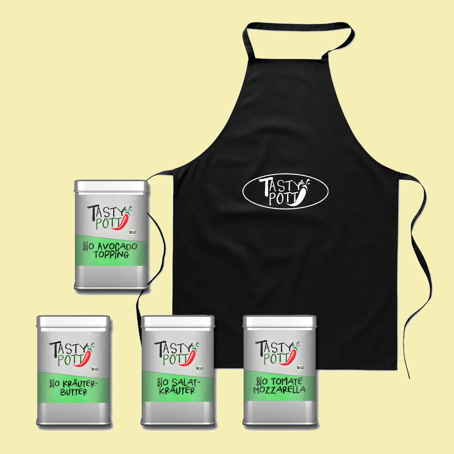 Bio Gewürz-Set 1 mit Schürze - 4 Dosen von Tasty Pott Tasty Pott