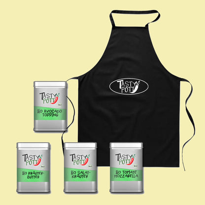 Bio Gewürz-Set 1 mit Schürze - 4 Dosen von Tasty Pott Tasty Pott