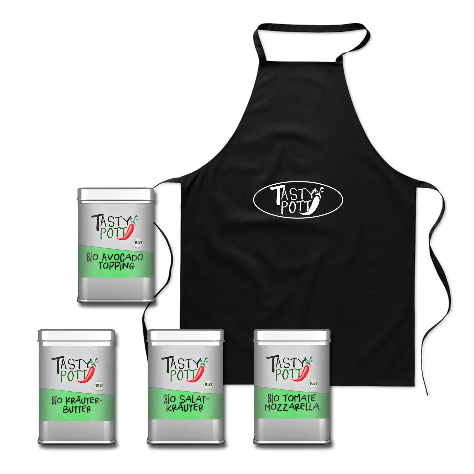Bio Gewürz-Set 1 mit Schürze - 4 Dosen von Tasty Pott Tasty Pott