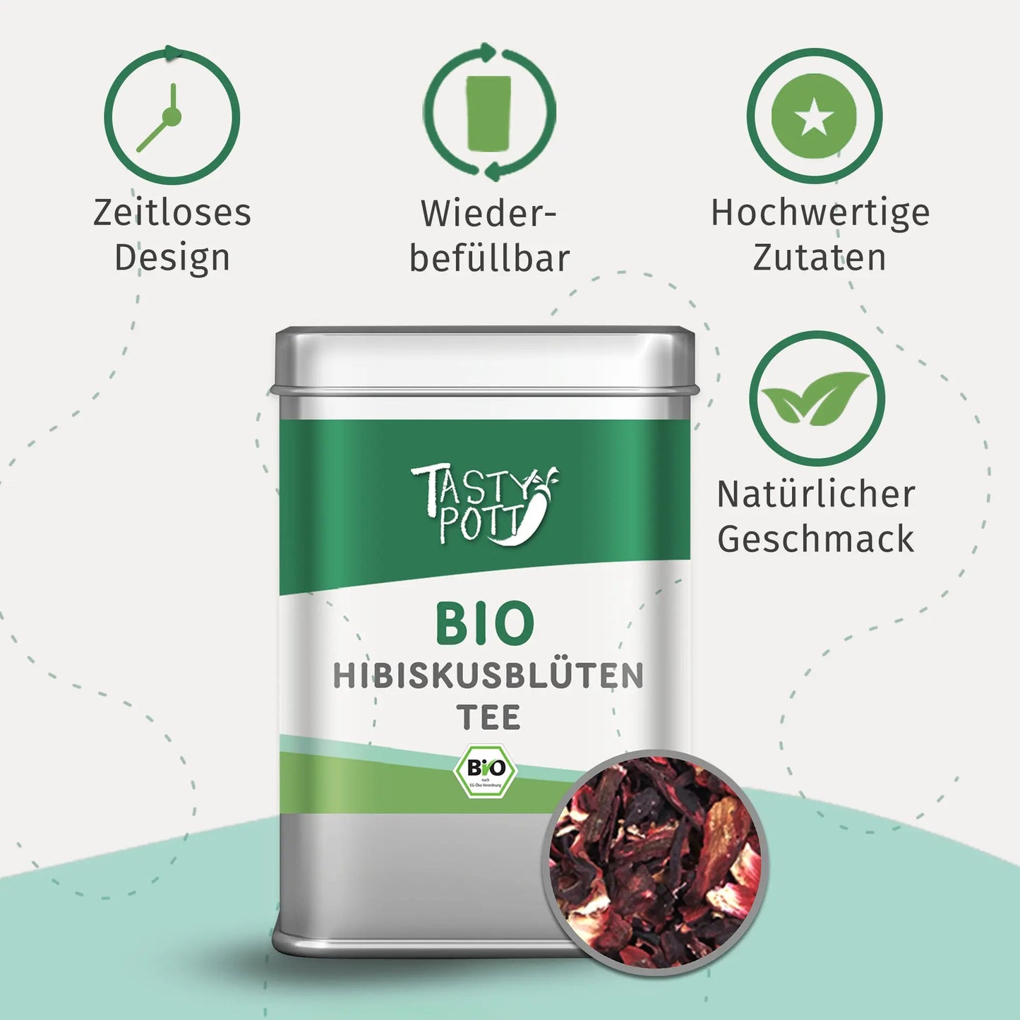 Bio Hibiskusblüten Tee von Tasty Pott in einer 20g Dose, ideal für fruchtige Tees.