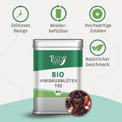 Bio Hibiskusblüten Tee von Tasty Pott in einer 20g Dose, ideal für fruchtige Tees.