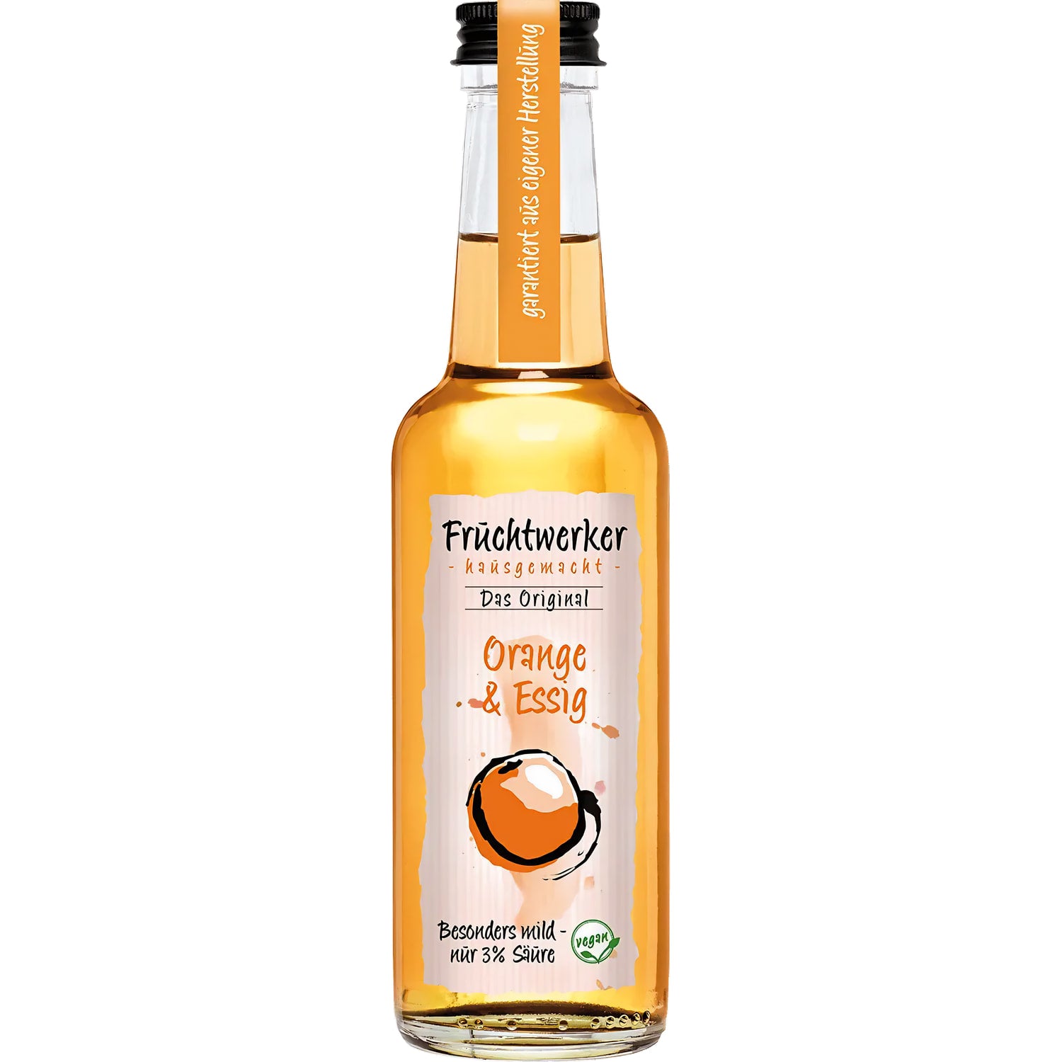 Fruchtwerker Orangenessig 250ml in einer eleganten Flasche, ideal für Salate und Desserts.