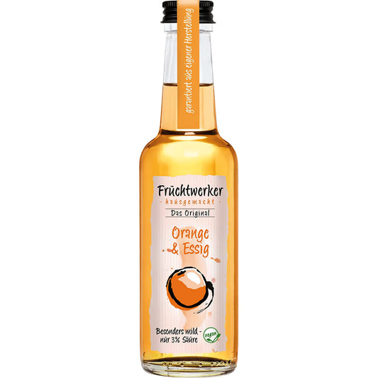 Fruchtwerker Orangenessig 250ml in einer eleganten Flasche, ideal für Salate und Desserts.