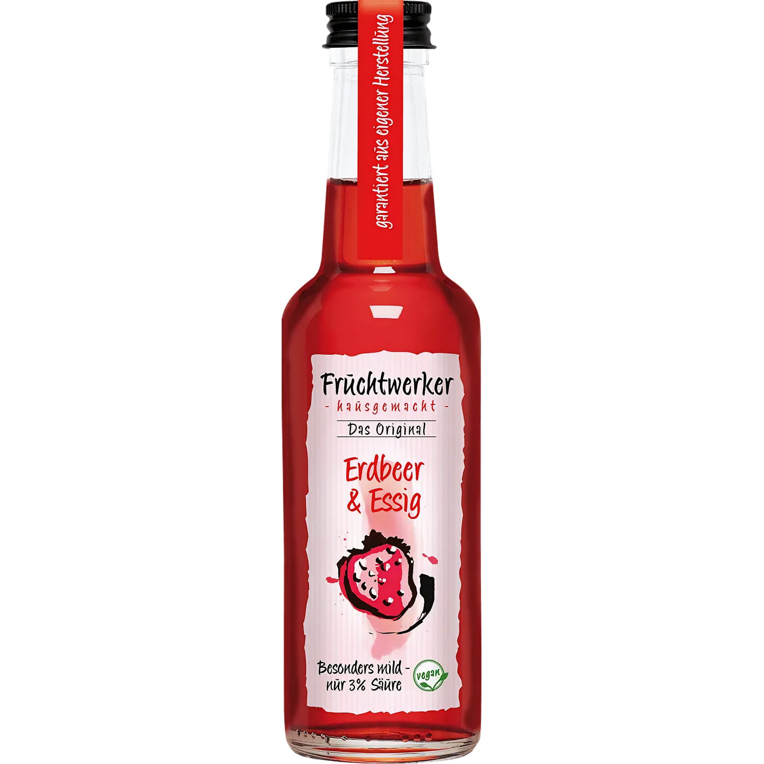 Fruchtwerker Erdbeer-Essig 250ml in eleganter Flasche, ideal für Desserts und Salate