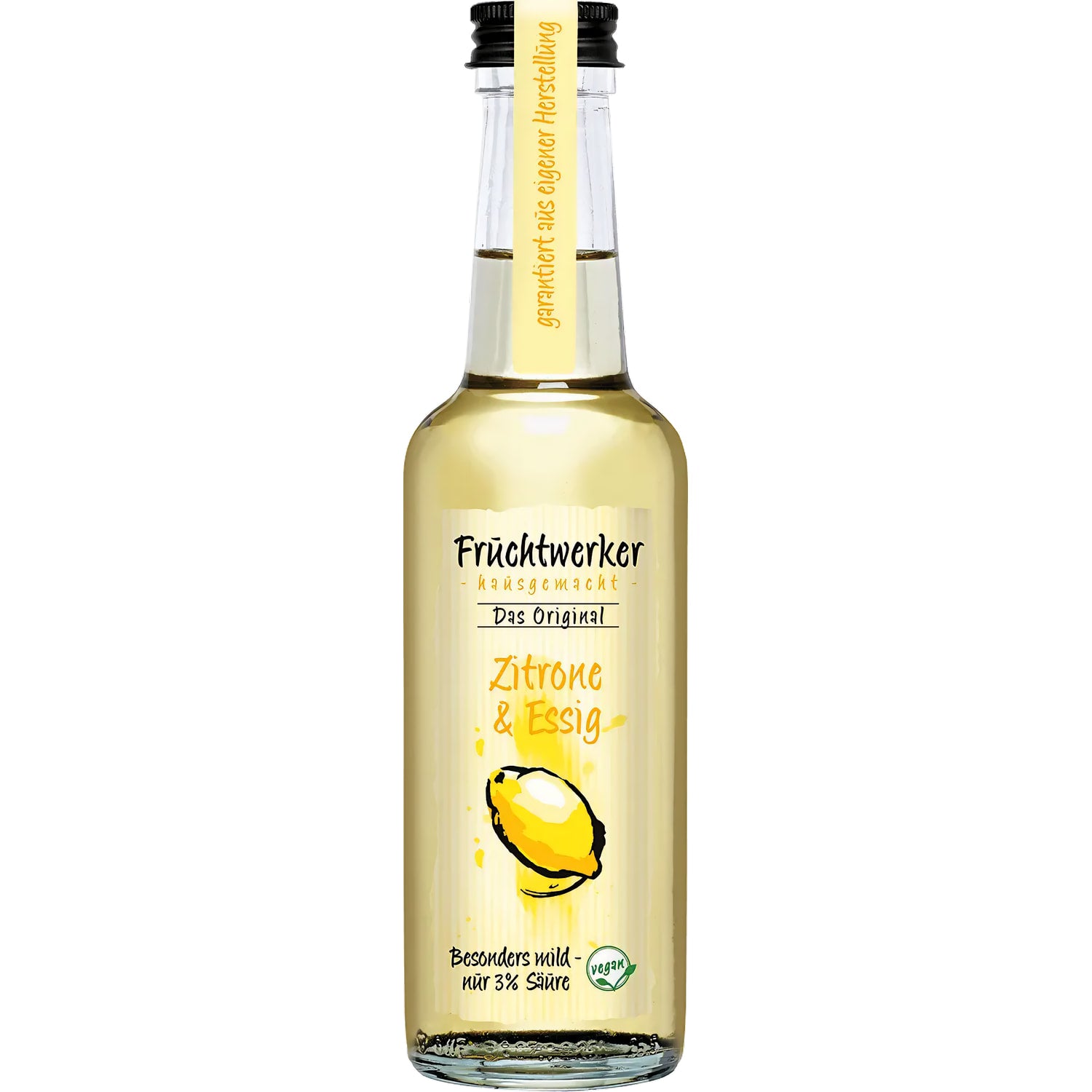 Fruchtwerker Zitronenessig 250ml Flasche auf weißem Hintergrund, ideal für frische Salate und Marinaden.