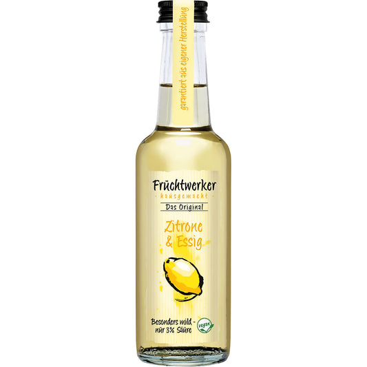 Fruchtwerker Zitronenessig 250ml Flasche auf weißem Hintergrund, ideal für frische Salate und Marinaden.