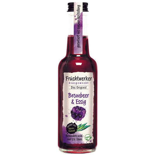 Fruchtwerker Brombeeressig mit Agavendicksaft in 250ml Flasche, ideal für Salate und Desserts.