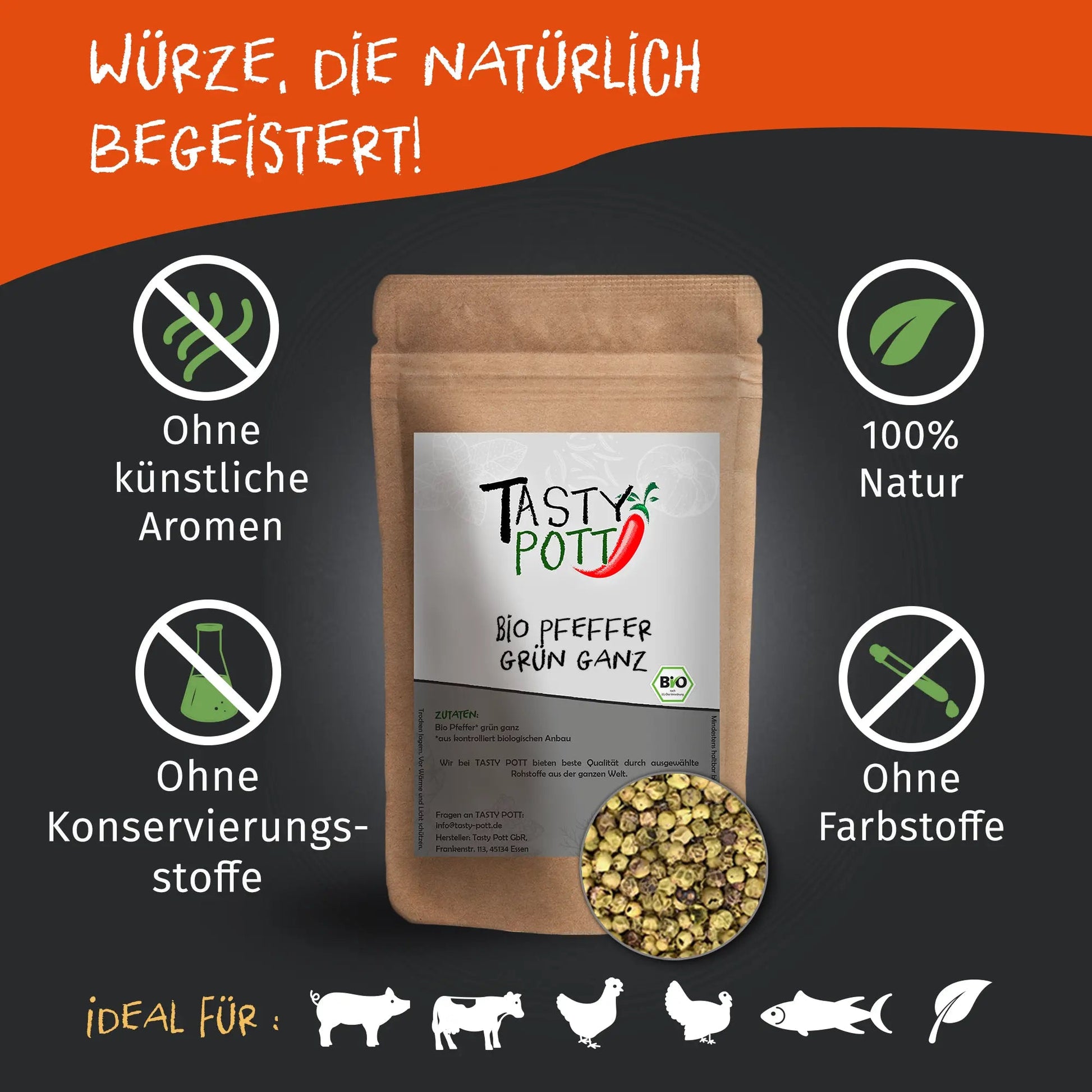 Tasty Pott Bio Grüner Pfeffer ganz - Nachfüllbeutel - Tasty Pott