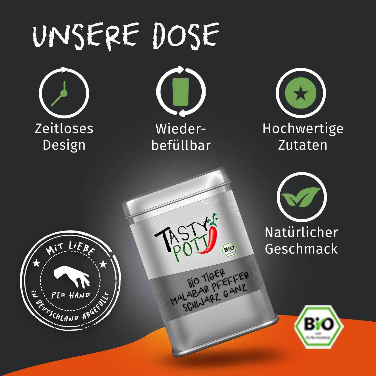 Tiger Bio Malabar Pfeffer schwarz - 100g Dose von Tasty Pott Tasty Pott