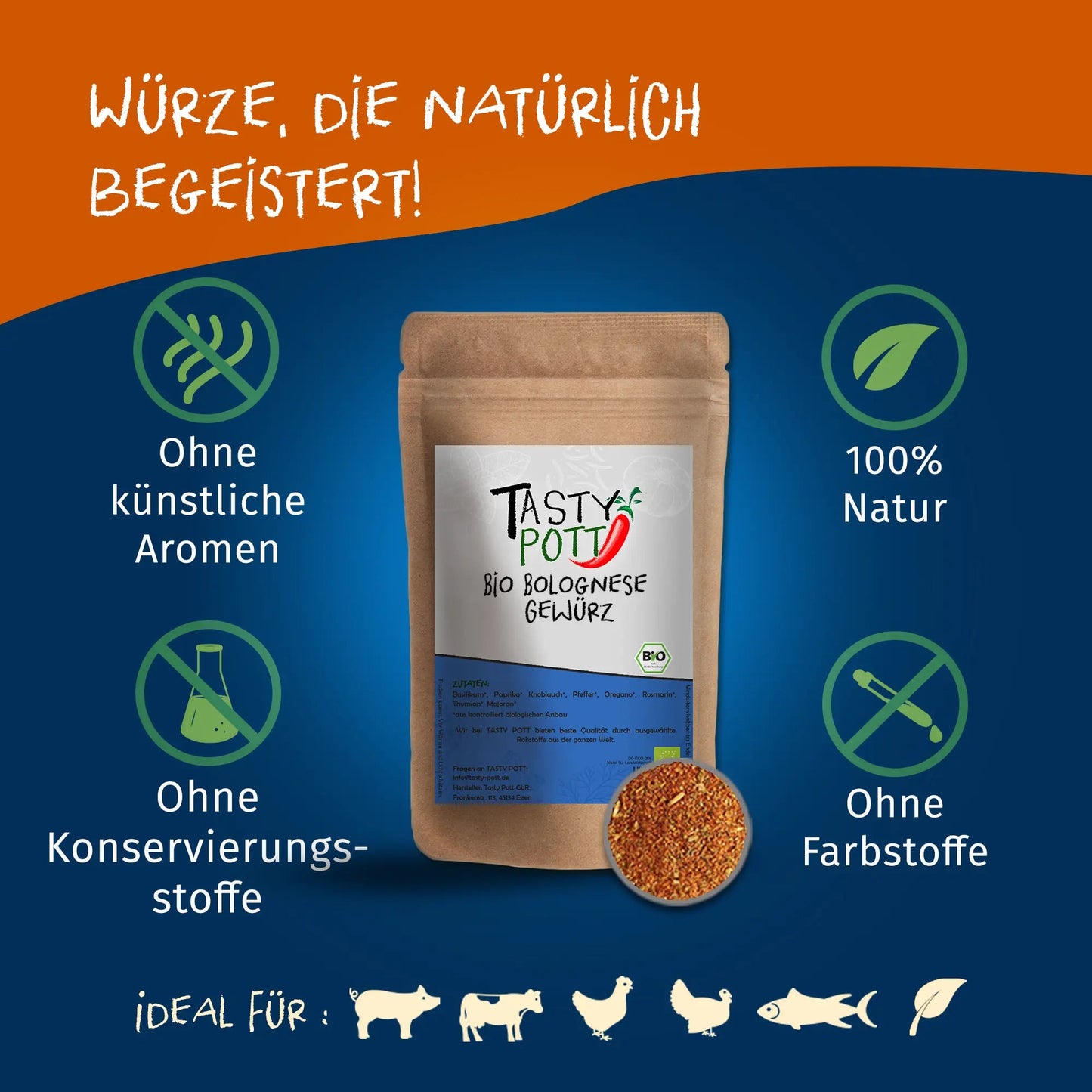Tasty Pott Bio Bolognese Gewürz 80g - Aromatische Gewürzmischung Tasty Pott