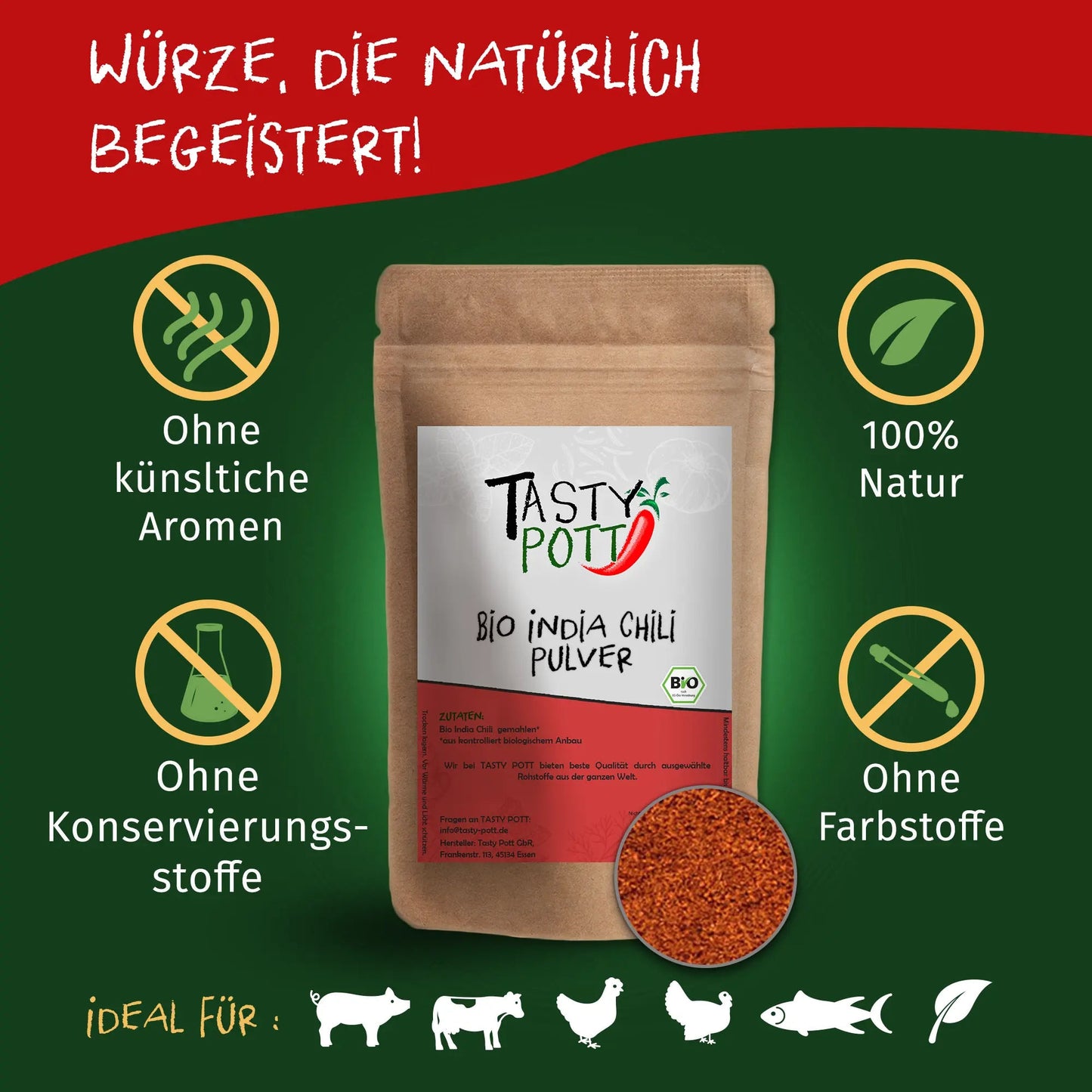 Tasty Pott Bio India Chili - gemahlen - Nachfüllbeutel 100g Tasty Pott