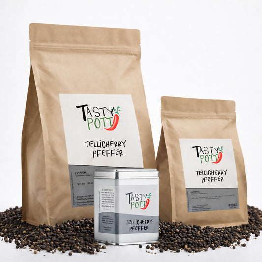 Tasty Pott Tellicherry Pfeffer schwarz ganze Körner - ab 30g Beutel