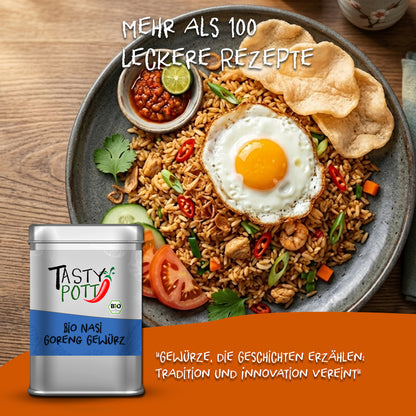 Tasty Pott Bio Nasi Goreng Gewürz 40g Dose vor einem gekochen Gericht