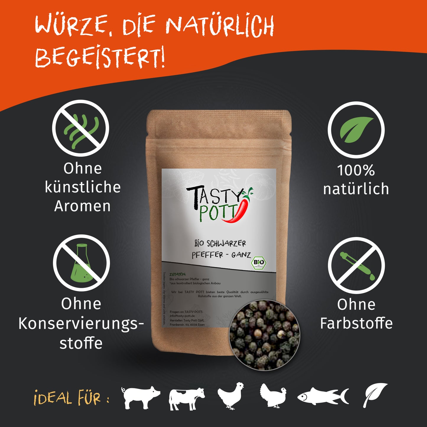 Bio Schwarzer Pfeffer ganze Pfefferkörner - 50g Dose von Tasty Pott — Abbildung 2