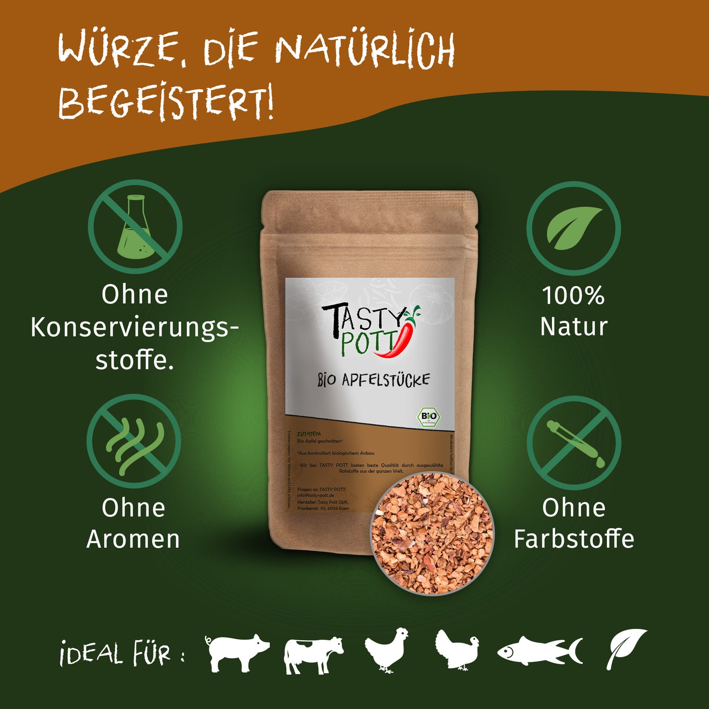 Tasty Pott Bio Apfelstücke (3mm) - ab 30g Beutel — Abbildung 2
