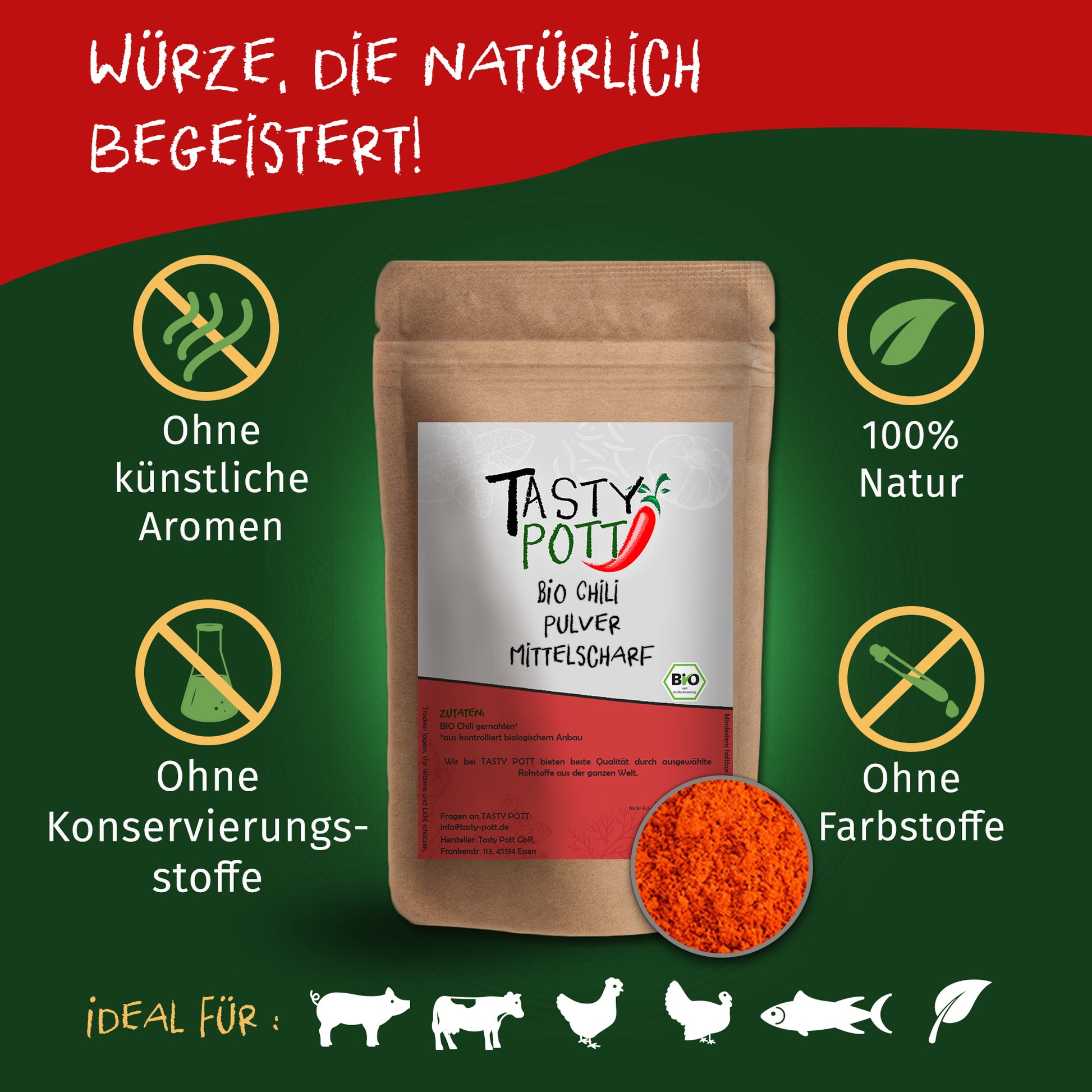 Bio Chilipulver mittelscharf - ab 30g im Beutel von Tasty Pott — Abbildung 3