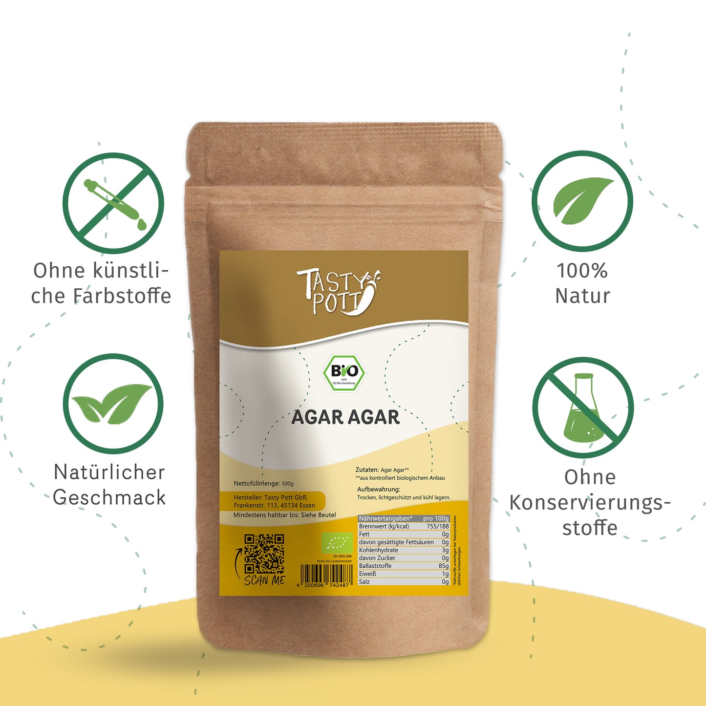 Bio Agar Agar Pulver 500g im Beutel, 100% natürliche Zutaten, ohne Konservierungsstoffe.