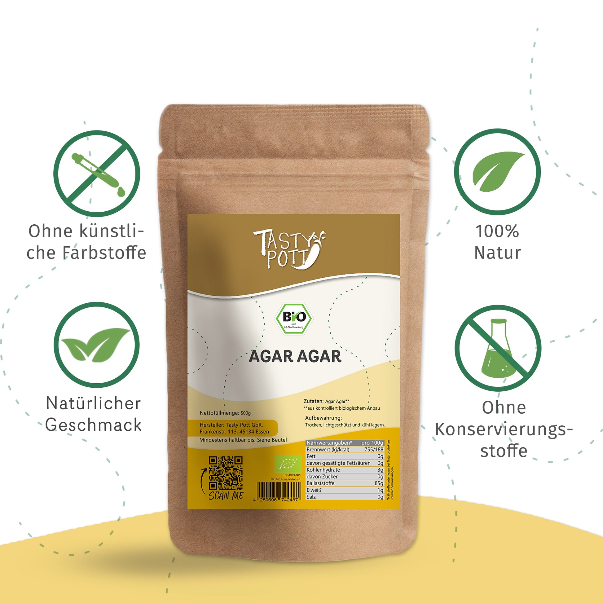 Bio Agar Agar Pulver 500g im Beutel, 100% natürliche Zutaten, ohne Konservierungsstoffe.