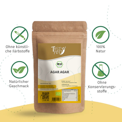 Bio Agar Agar Pulver 500g im Beutel, 100% natürliche Zutaten, ohne Konservierungsstoffe.