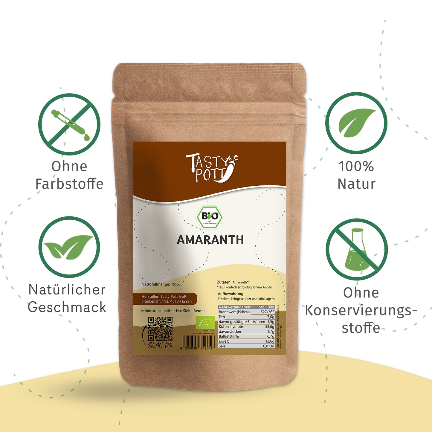Bio Amaranth Vollkorn 1kg Beutel von Tasty Pott, 100% natürlich und ohne Zusatzstoffe.