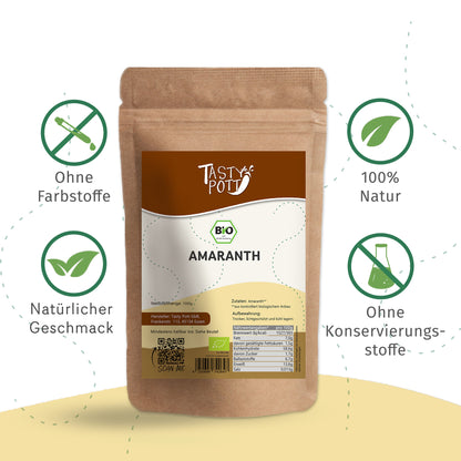 Bio Amaranth Vollkorn 1kg Beutel von Tasty Pott, 100% natürlich und ohne Zusatzstoffe.