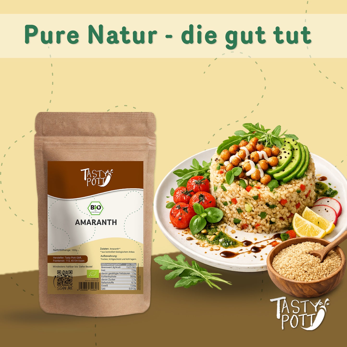 Bio Amaranth Vollkorn 1kg Beutel von Tasty Pott für gesunde Ernährung.