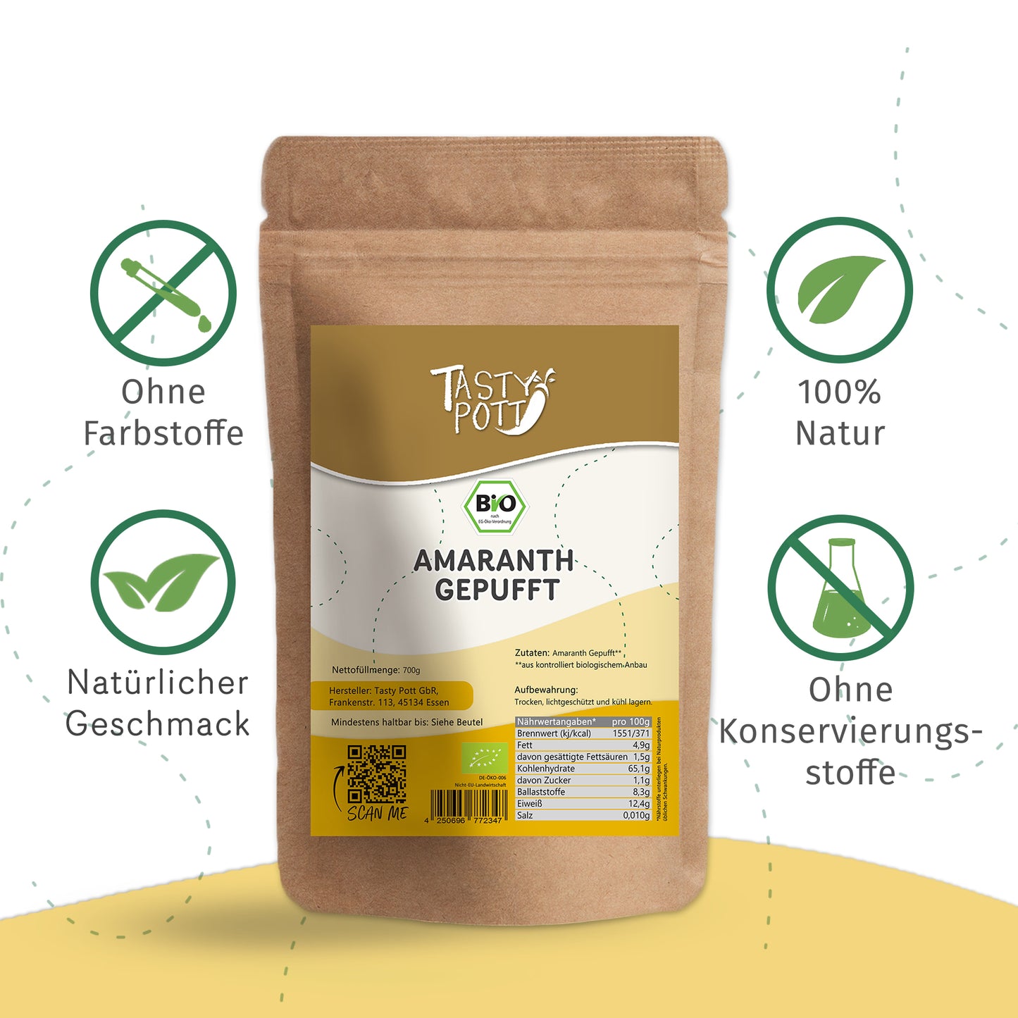 Bio Amaranth gepufft, glutenfrei, 700g Beutel von Tasty Pott.