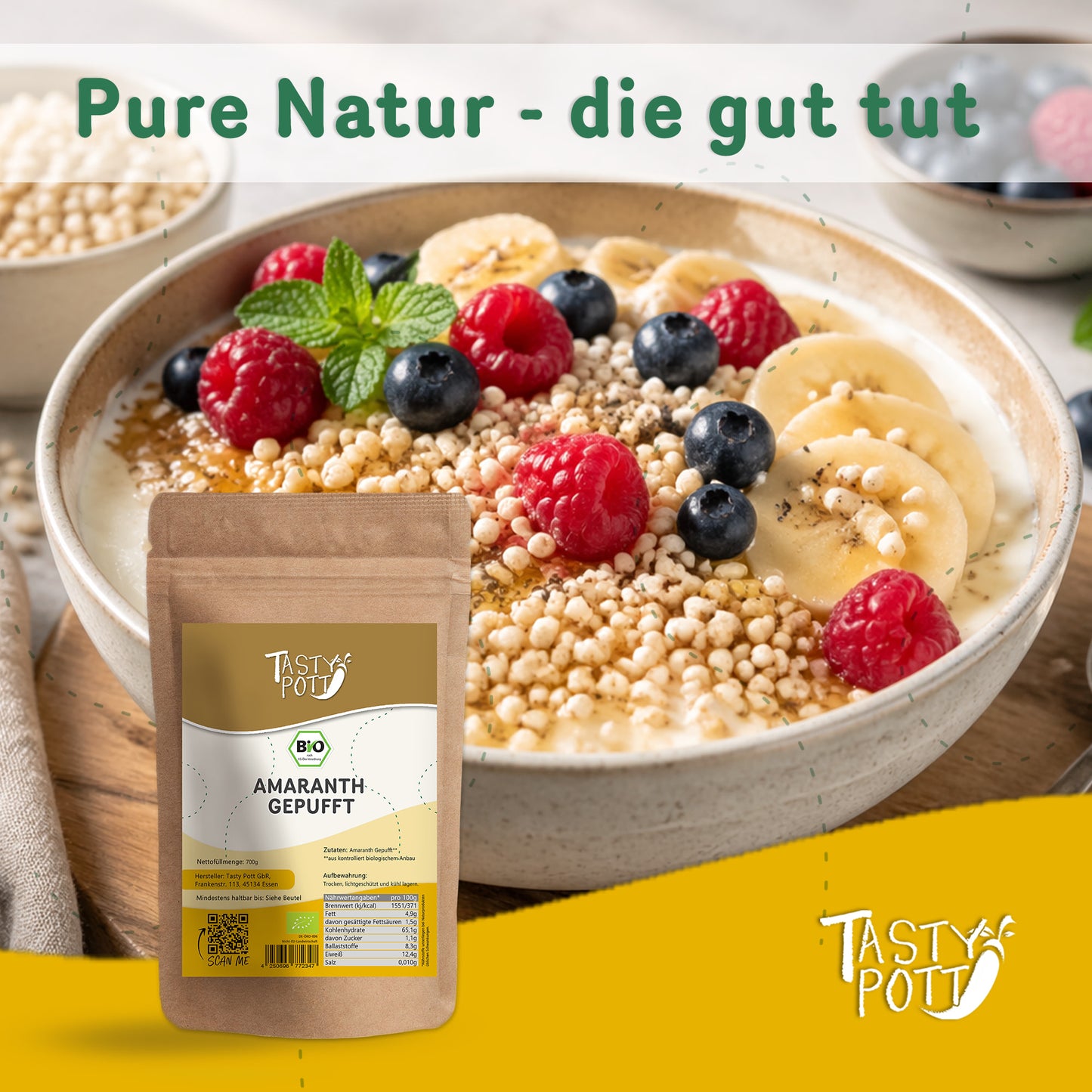 Gepuffter Bio Amaranth glutenfrei, 700g Beutel von Tasty Pott.