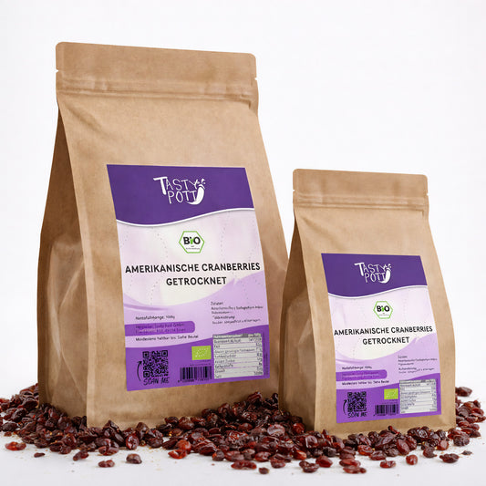 Bio Cranberries getrocknet in 1 kg Beutel von Tasty Pott, gesund und lecker.