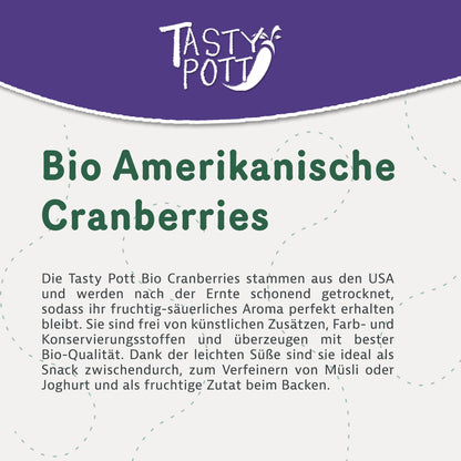 Getrocknete Bio Cranberries in 1 kg Beutel, ideal für Snacks und Müsli.
