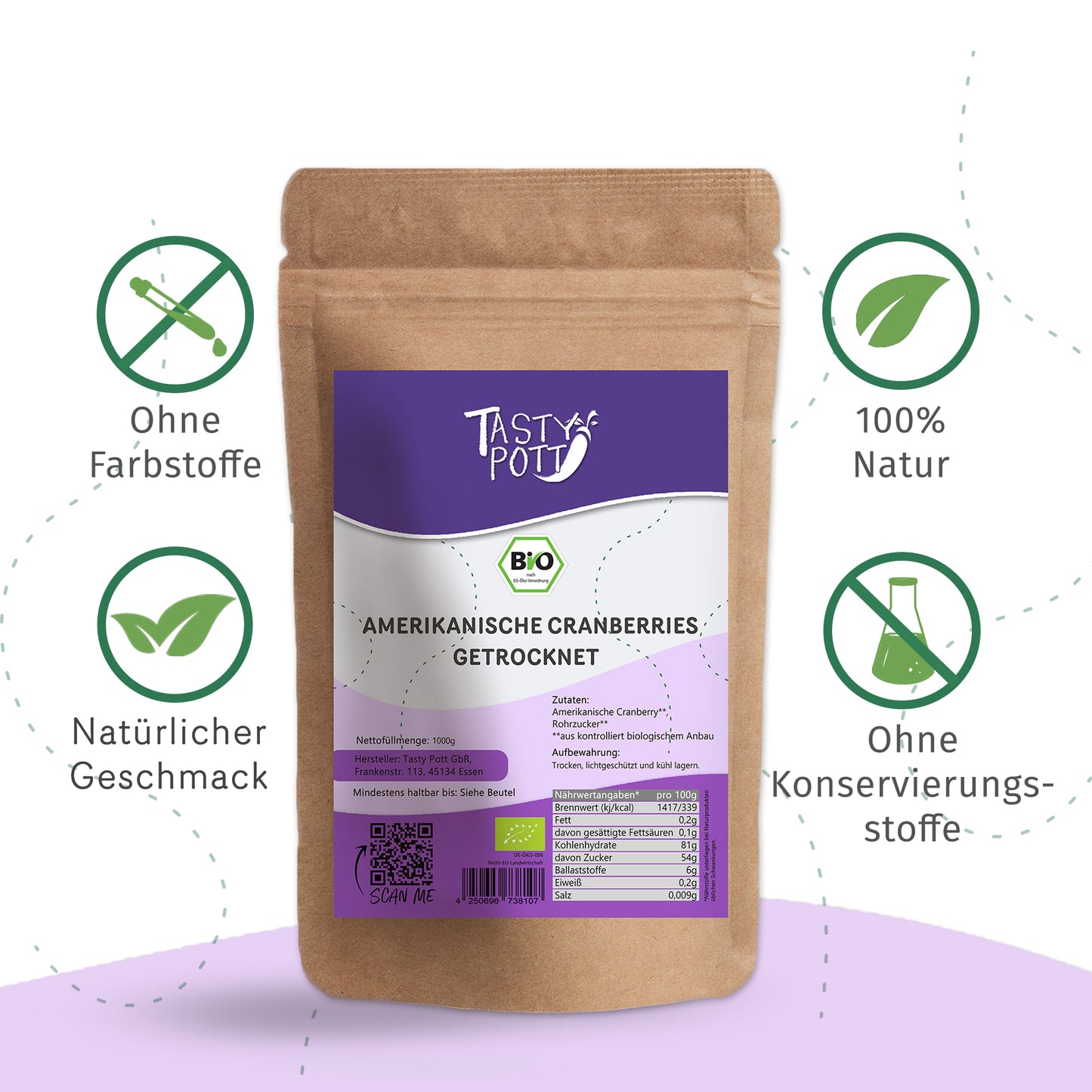 Bio Cranberries getrocknet im 1 kg Beutel von Tasty Pott, 100% naturbelassen.