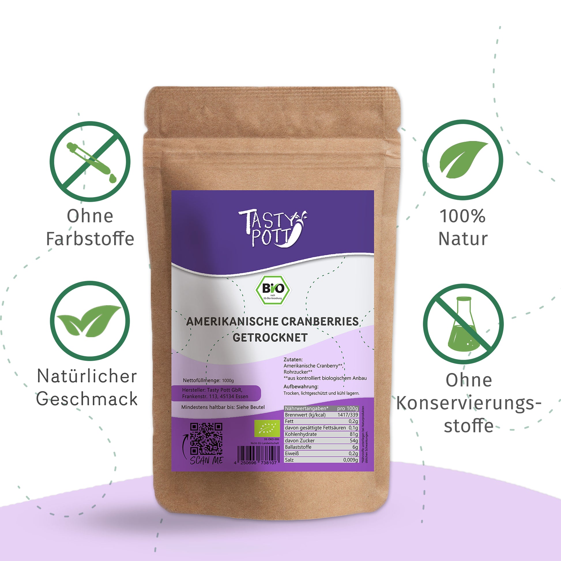 Bio Cranberries getrocknet im 1 kg Beutel von Tasty Pott, 100% naturbelassen.