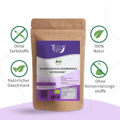 Bio Cranberries getrocknet im 1 kg Beutel von Tasty Pott, 100% naturbelassen.