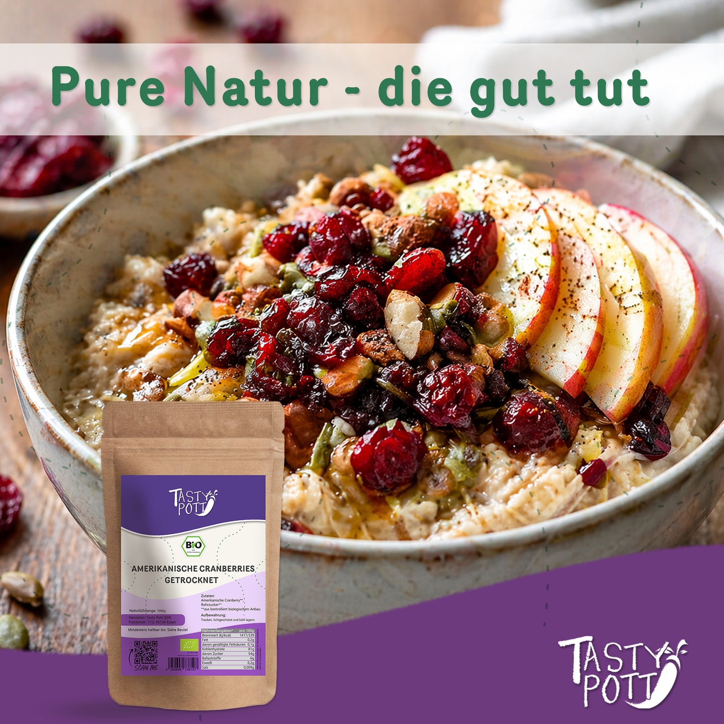 Getrocknete Bio Cranberries in 1 kg Beutel von Tasty Pott, ideal für Müslis.