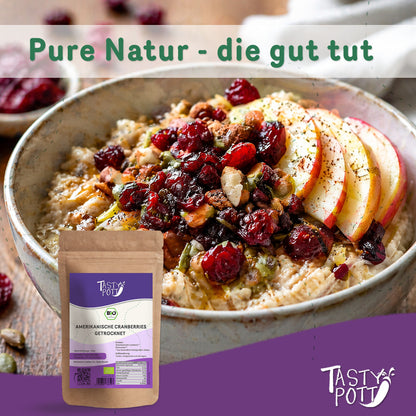 Getrocknete Bio Cranberries in 1 kg Beutel von Tasty Pott, ideal für Müslis.