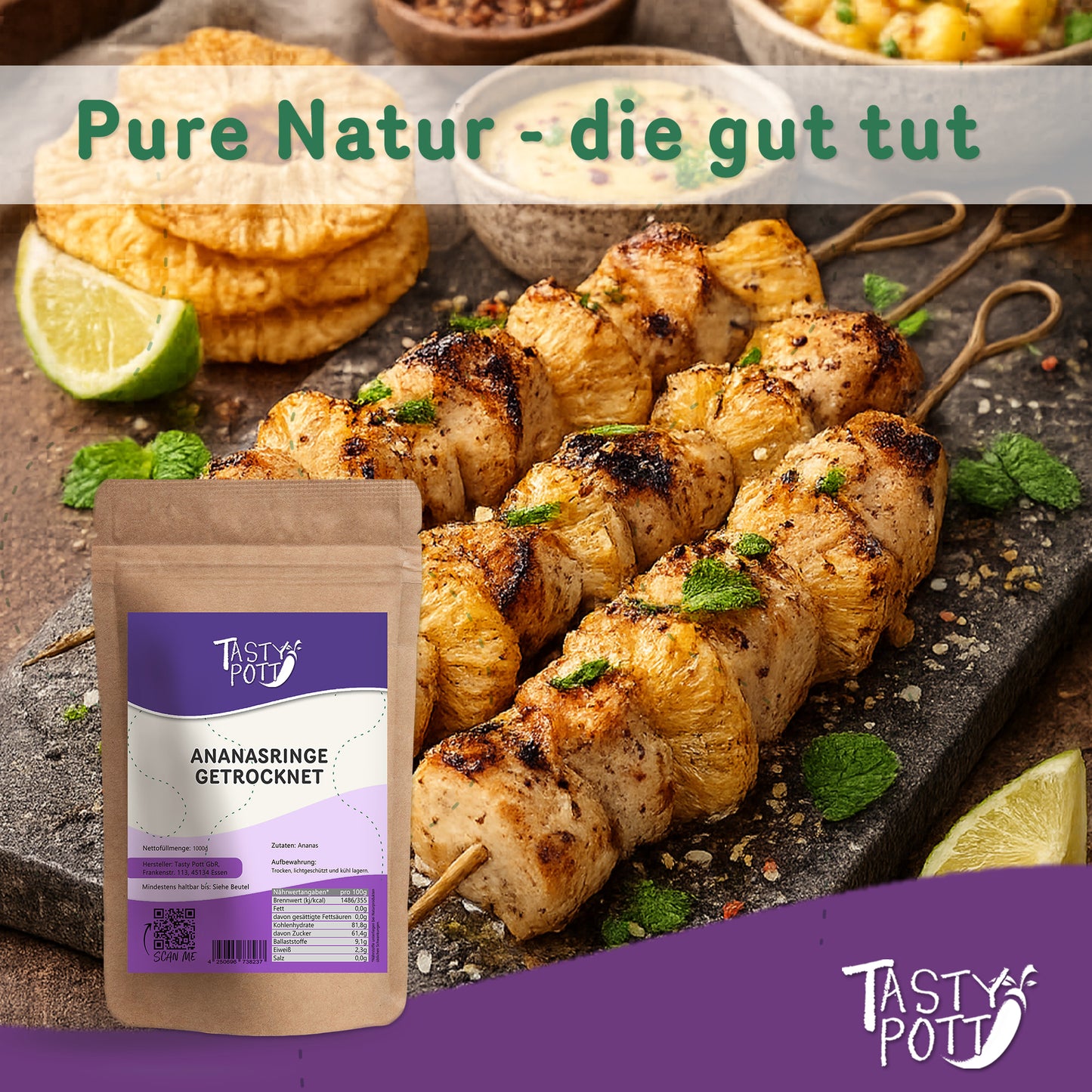 Getrocknete Ananasringe im 1kg Beutel für gesunde Snacks.