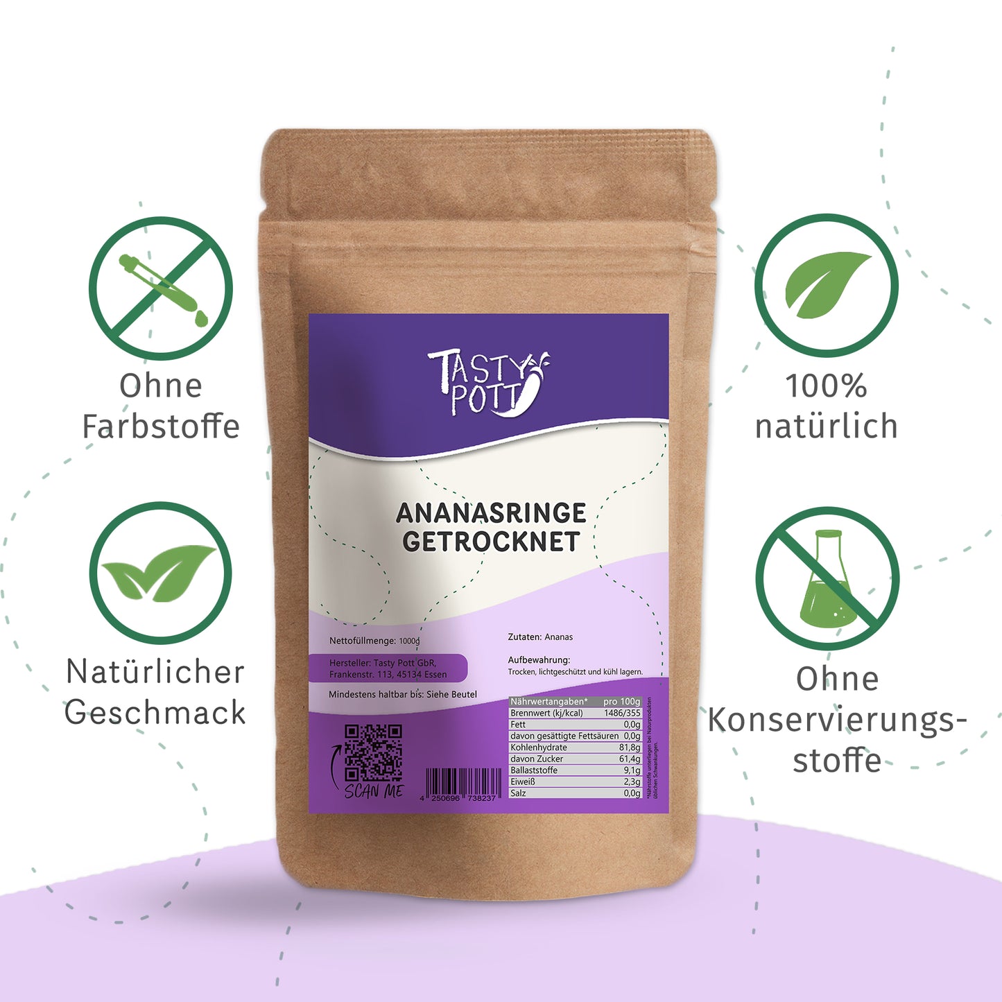 Getrocknete Ananasringe im 1kg Beutel, 100% natürlich und ohne Zusatzstoffe.