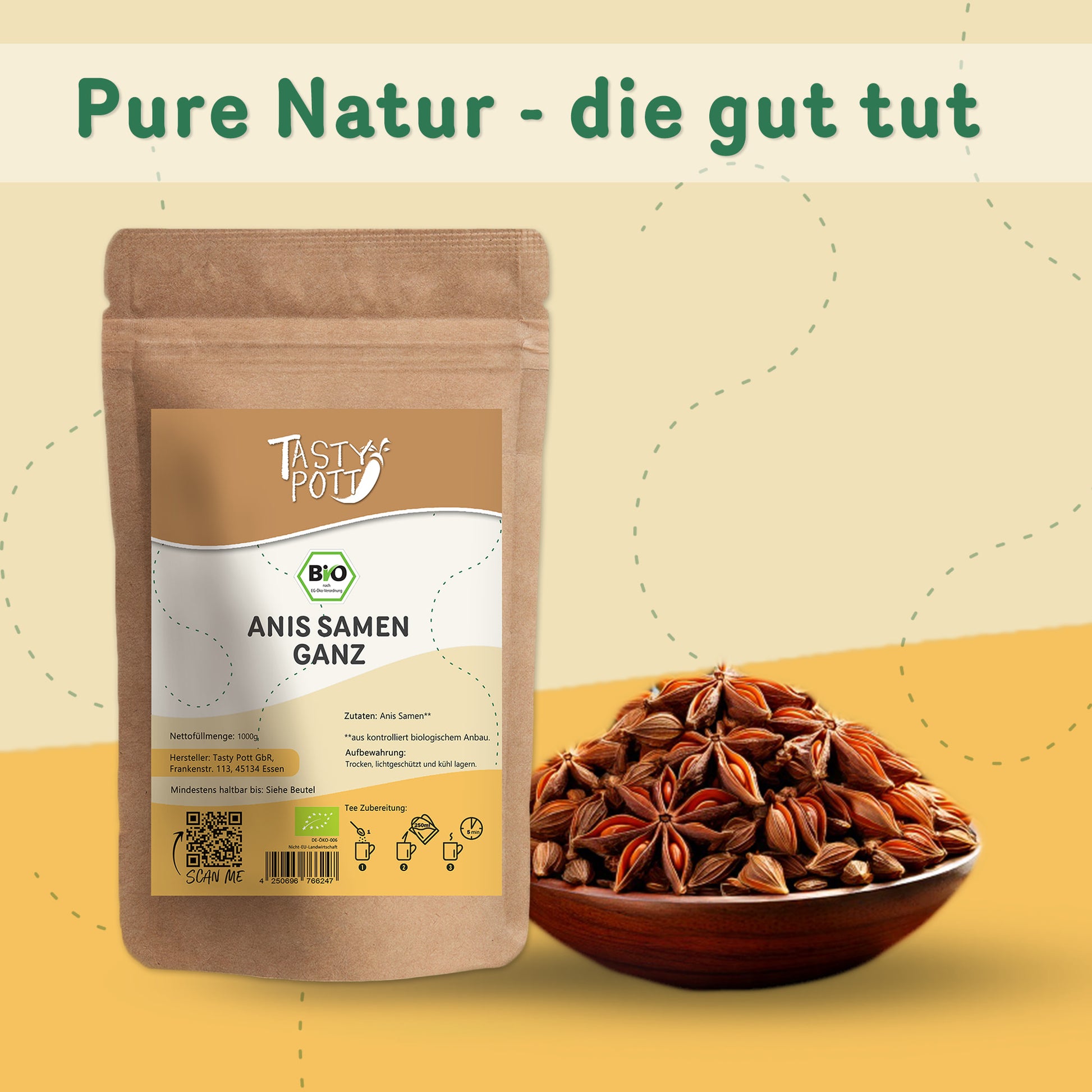Bio Anissamen ganz, 100g Beutel von Tasty Pott, aromatisch und vielseitig einsetzbar.
