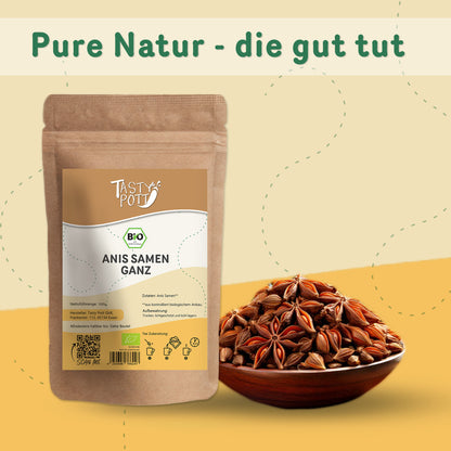 Bio Anissamen ganz, 100g Beutel von Tasty Pott, aromatisch und vielseitig einsetzbar.