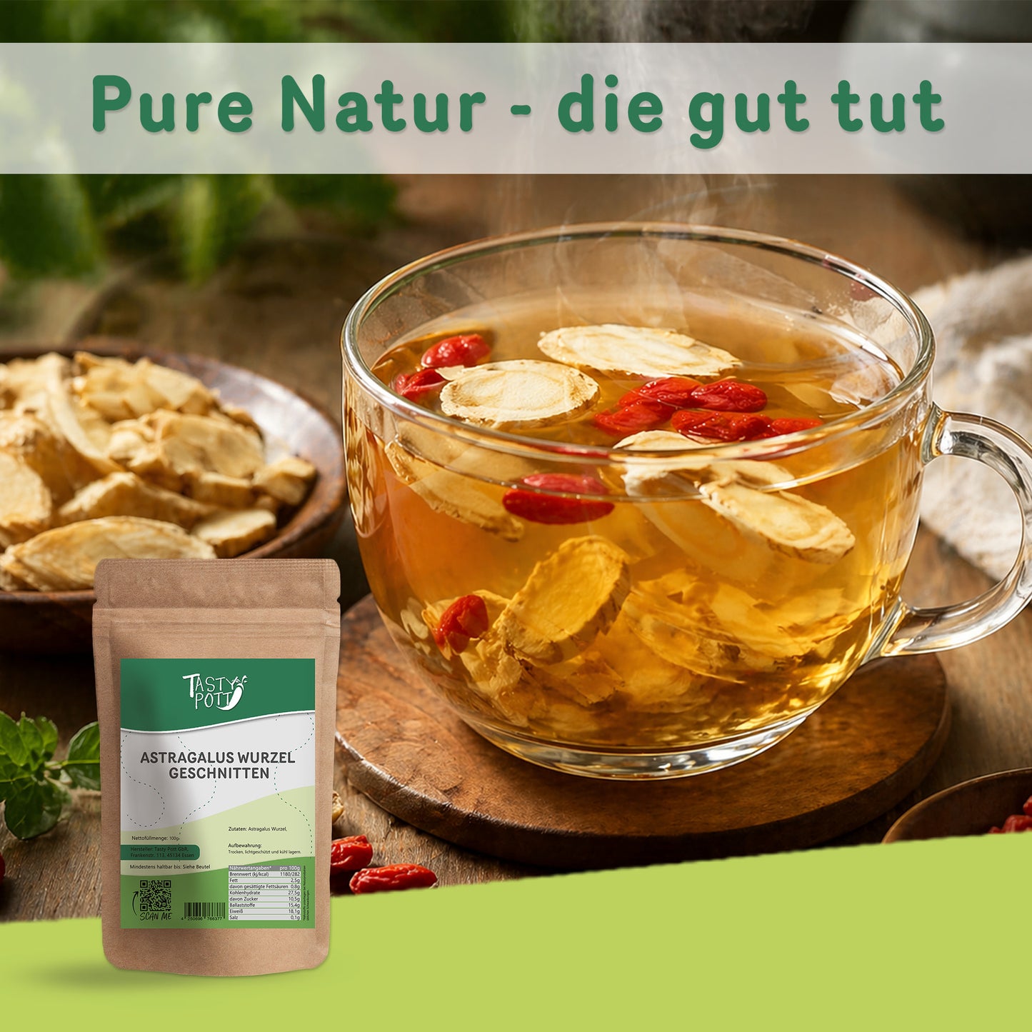 Geschnittene Astragalus Wurzel in 100g Beutel für gesunden Tee.