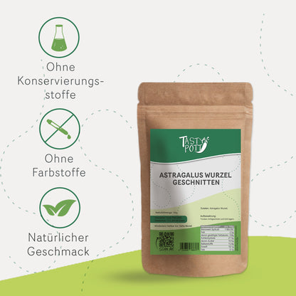 Astragalus Wurzel geschnitten, 100g Beutel, ohne Konservierungsstoffe, natürlicher Geschmack.