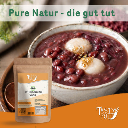 Bio Azukibohnen ganz im 1kg Beutel von Tasty Pott, ideal für gesunde Gerichte.