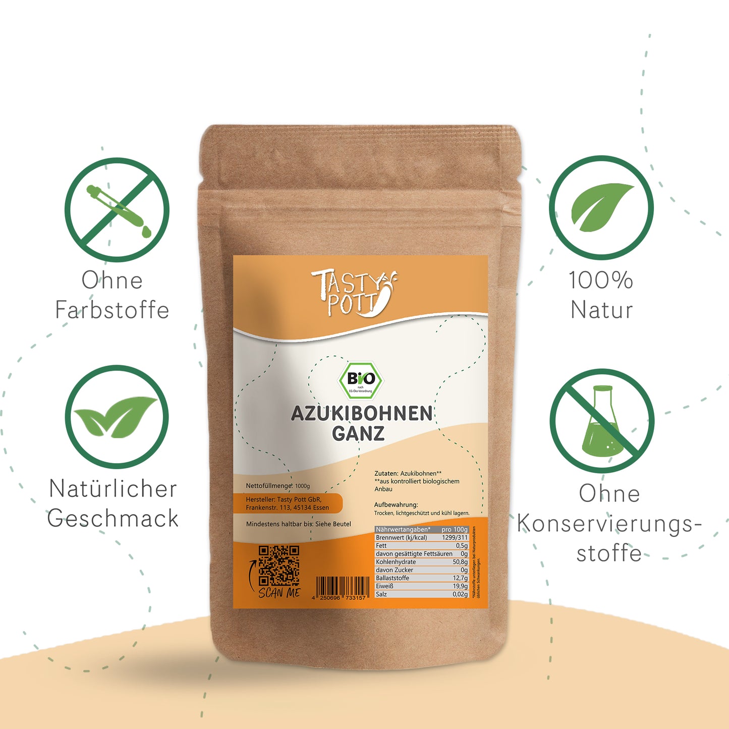 Bio Azukibohnen ganz, 1kg Beutel von Tasty Pott, 100% natürliche Zutaten.