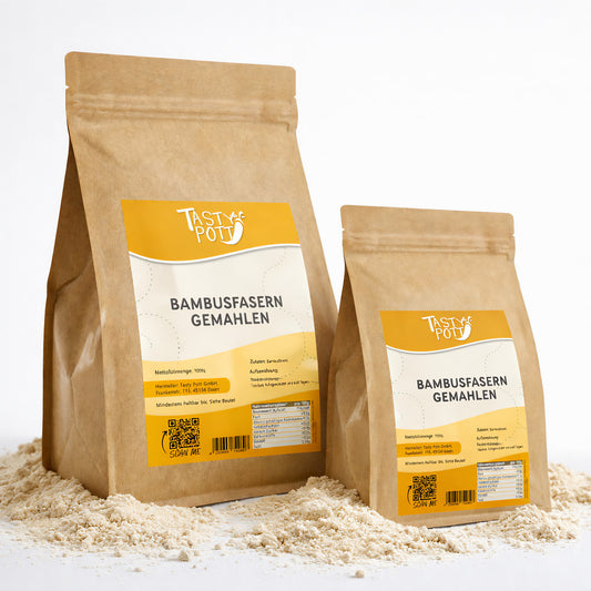 Gemahlene Bambusfasern im 1kg Beutel, ideal für gesunde Rezepte.