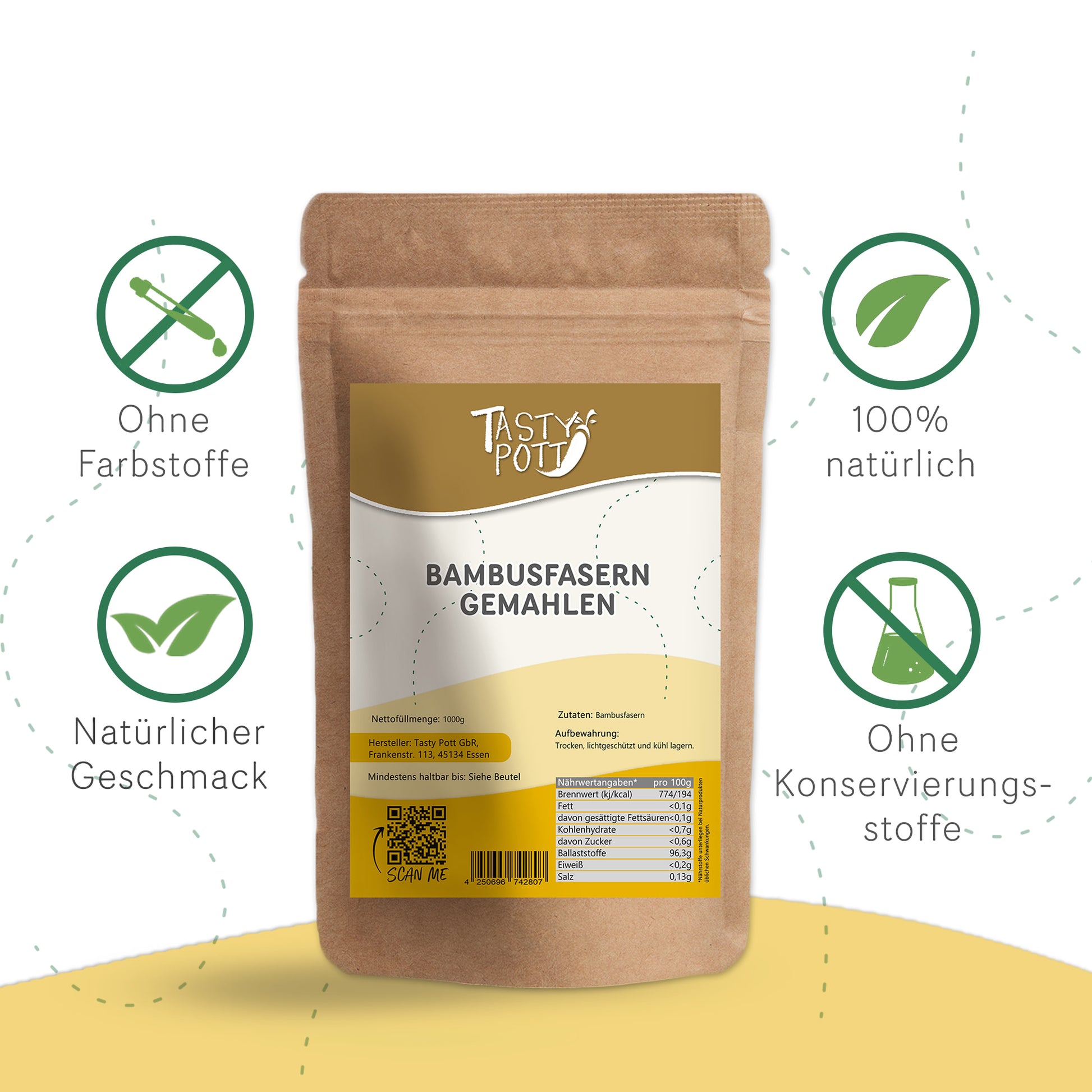 Gemahlene Bambusfasern in 1kg Beutel, 100% natürlich und ohne Konservierungsstoffe.