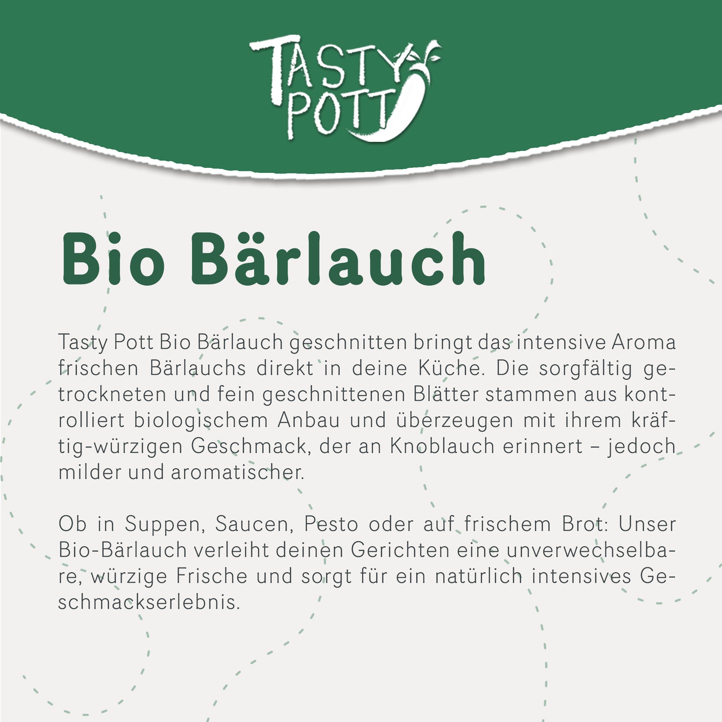 Bio Bärlauch geschnitten im 100g Beutel von Tasty Pott, aromatisch und vielseitig.