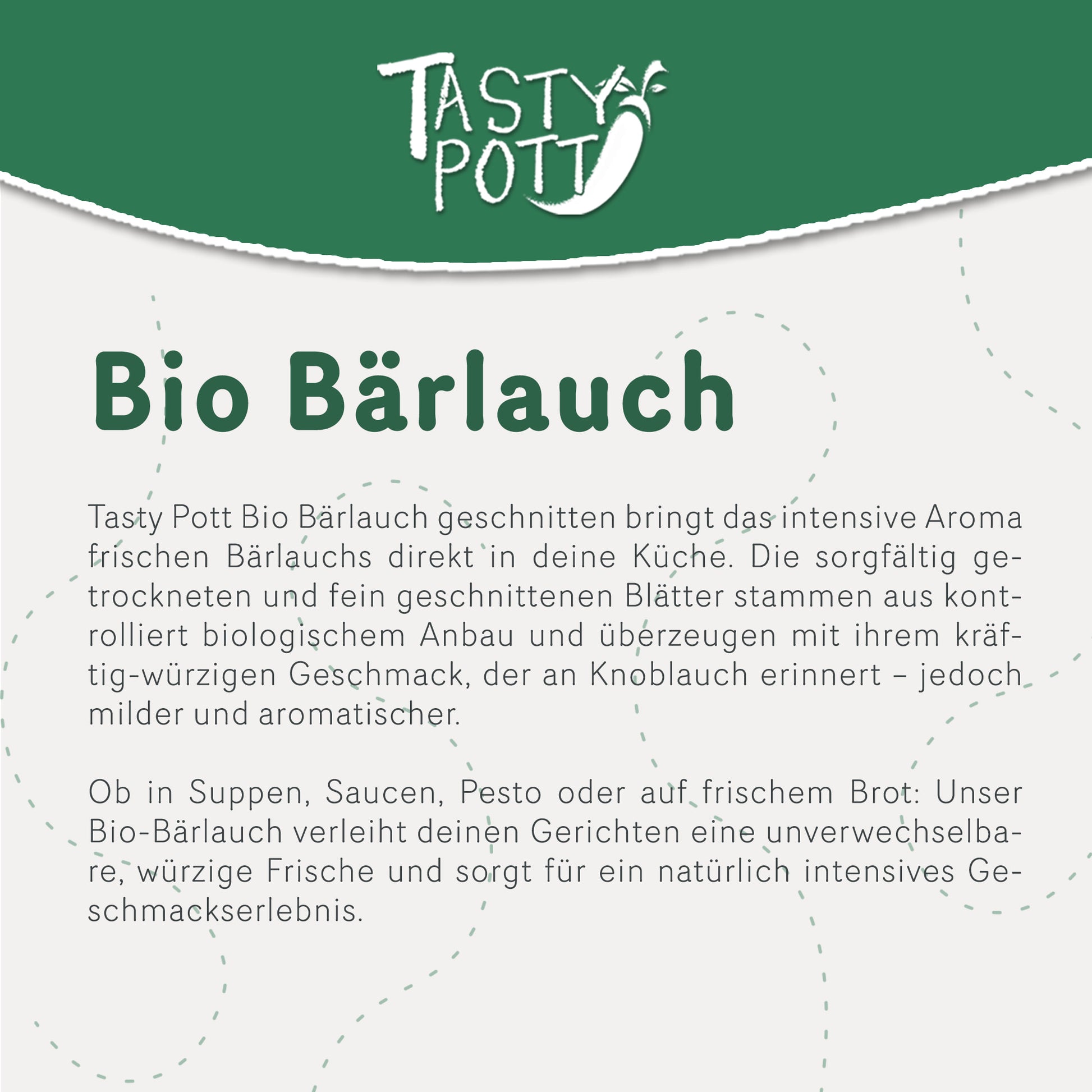 Bio Bärlauch geschnitten im 100g Beutel von Tasty Pott, aromatisch und vielseitig.